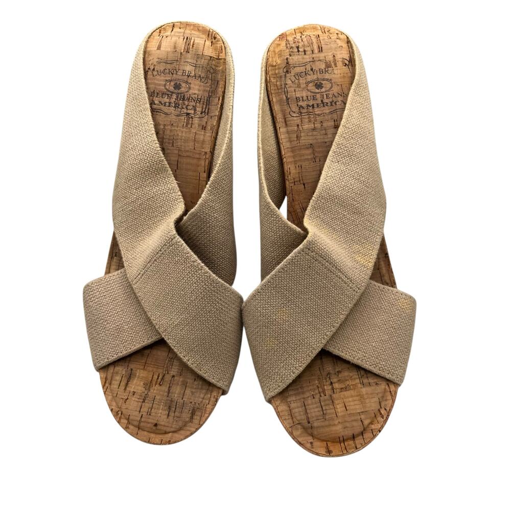Lucky Brand Cork Platform Wedge Sandals 7.5 Open Toe Criss Cross Straps Studs